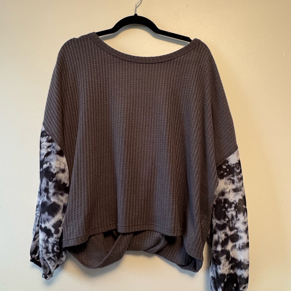 Gray Waffle Knit Top with Tie-Dye Sleeves